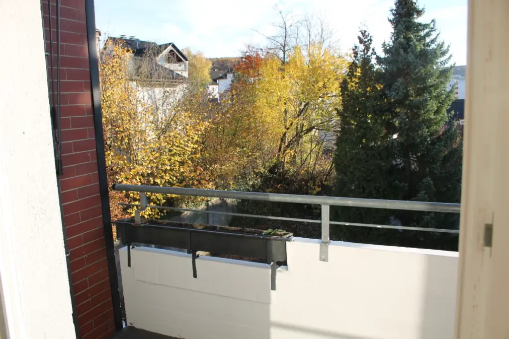 Balkon mit Blumenkasten und Blick ins Grüne